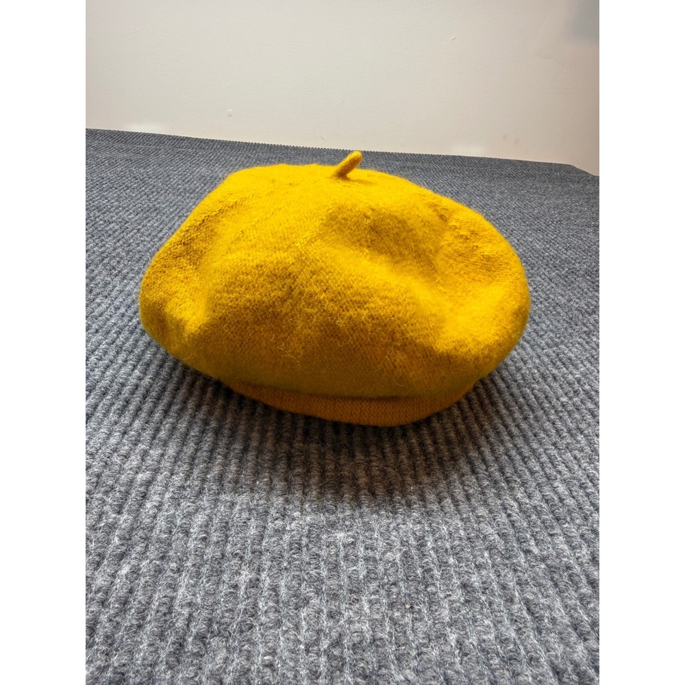 Yellow Wool Blend Knit Beret Hat Mustard Gold French Style One Size